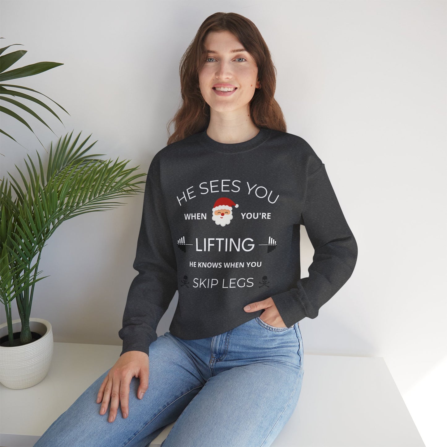 He Sees You When You're Lifting Sweatshirt — Funny Gym Christmas Workout Sweater