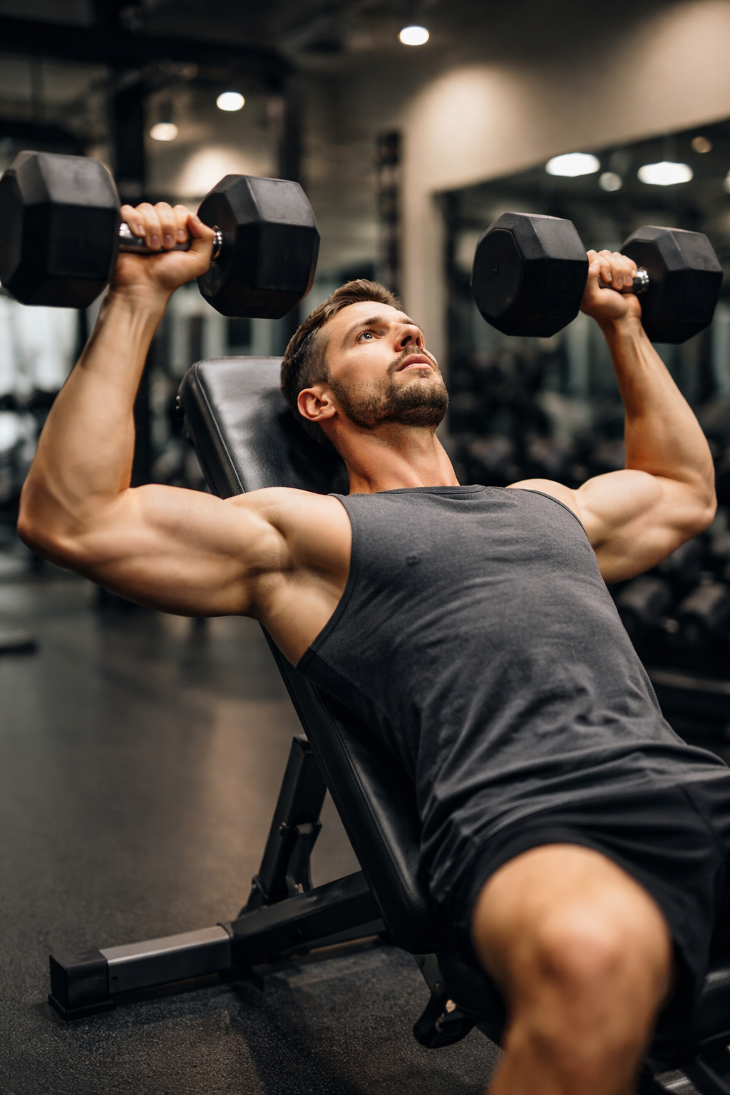 Man performing incline dumbbell press in a gym to illustrate training intensity, volume, and recovery for muscle growth
