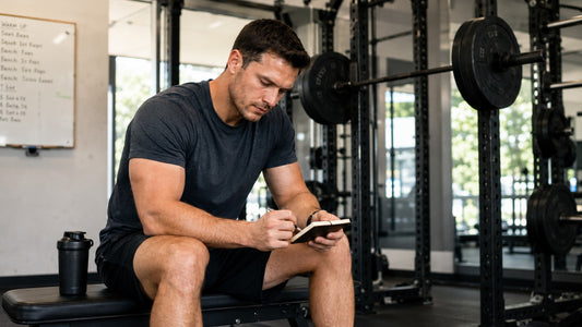 Natural lifter checking workout progress on a phone between sets in a commercial gym