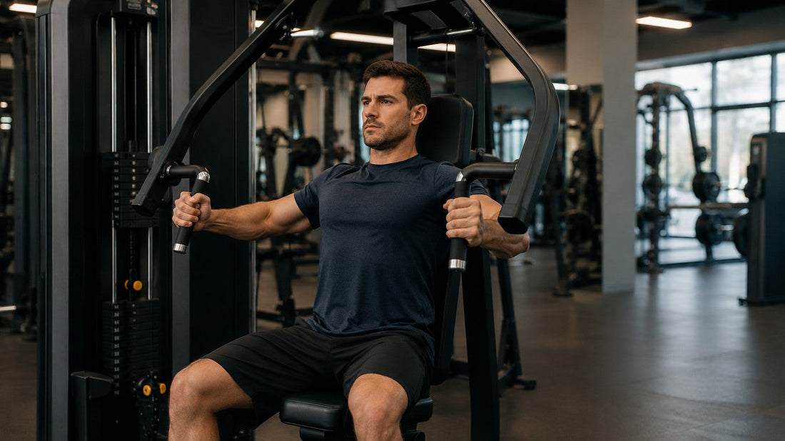 Natural lifter performing a controlled machine chest press in a commercial gym