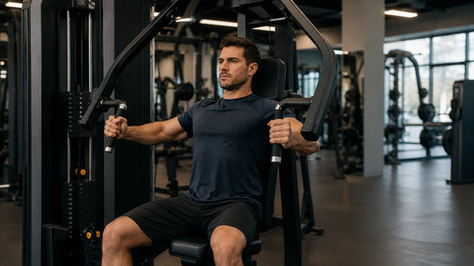 Natural lifter performing a controlled machine chest press in a commercial gym