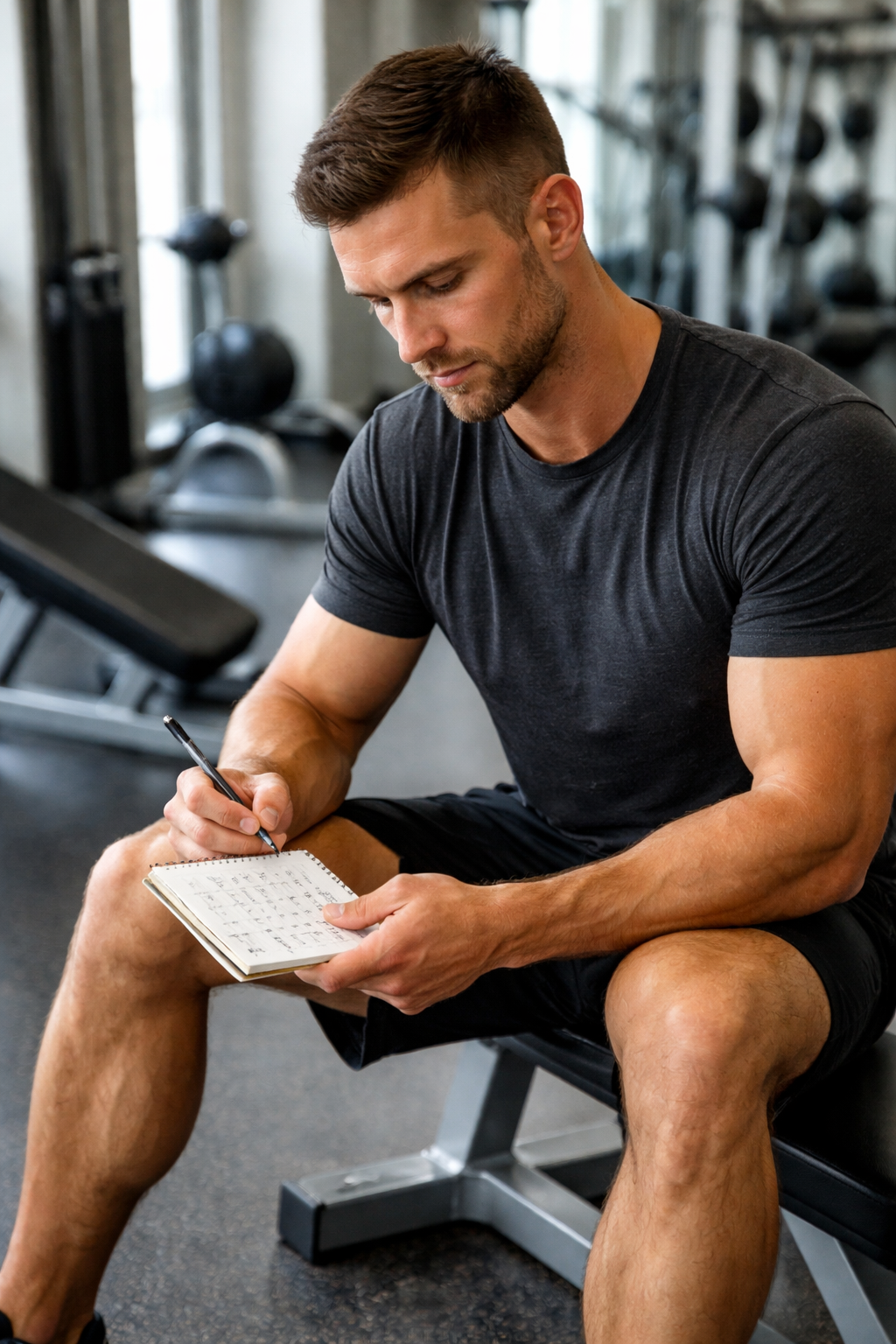 Natural lifter reviewing a weekly hypertrophy training split in a gym