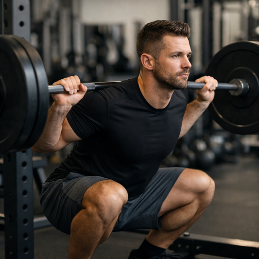 Lifter performing controlled barbell squat demonstrating proper rep range for muscle growth