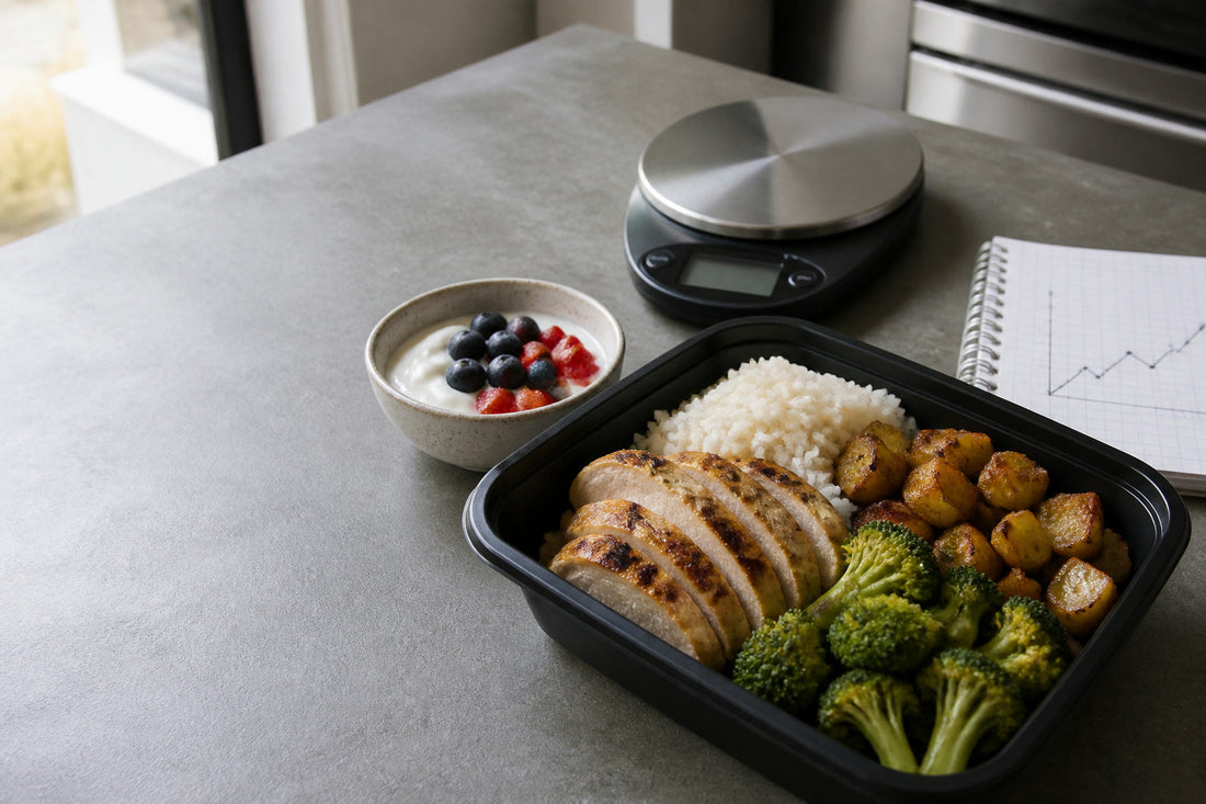 Balanced meal prep with chicken, rice, potatoes, broccoli, yogurt, and a kitchen scale for a controlled calorie surplus.