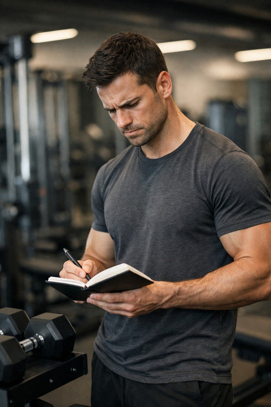 Natural lifter reviewing a workout log in the gym after stalled muscle growth progress