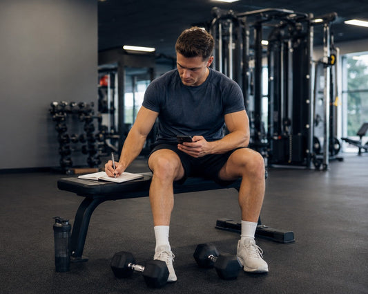 Natural lifter checking workout time and training log during a focused muscle-building session