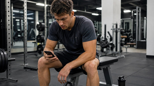 Natural lifter checking a timer between hard sets in a commercial gym