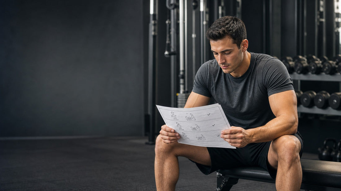 Natural lifter comparing a focused hypertrophy workout plan with a cluttered list of redundant exercises in a commercial gym.