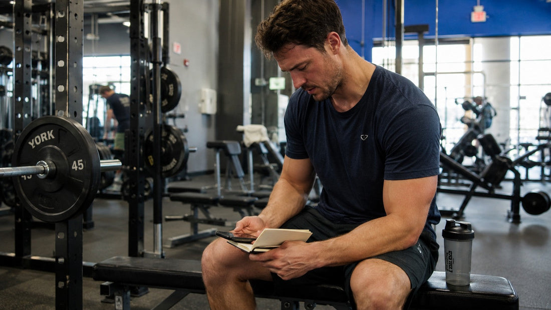 Natural lifter checking weekly training volume in a workout log between sets in a commercial gym