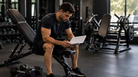 Natural lifter reviewing a training log while deciding when to change exercises for muscle growth