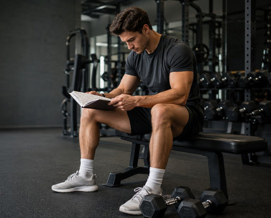 Natural lifter reviewing a training log between controlled hypertrophy sets to plan productive training volume.