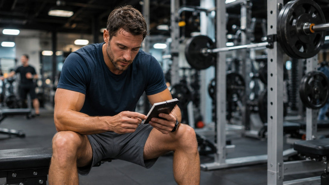 Natural male lifter checking workout progress in a notebook between sets in a commercial gym Final note