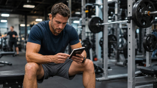 Natural male lifter checking workout progress in a notebook between sets in a commercial gym Final note