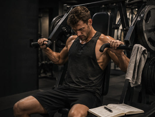  Natural lifter performing a focused chest press set in a gym to illustrate productive training volume and avoiding junk volume for hypertrophy.