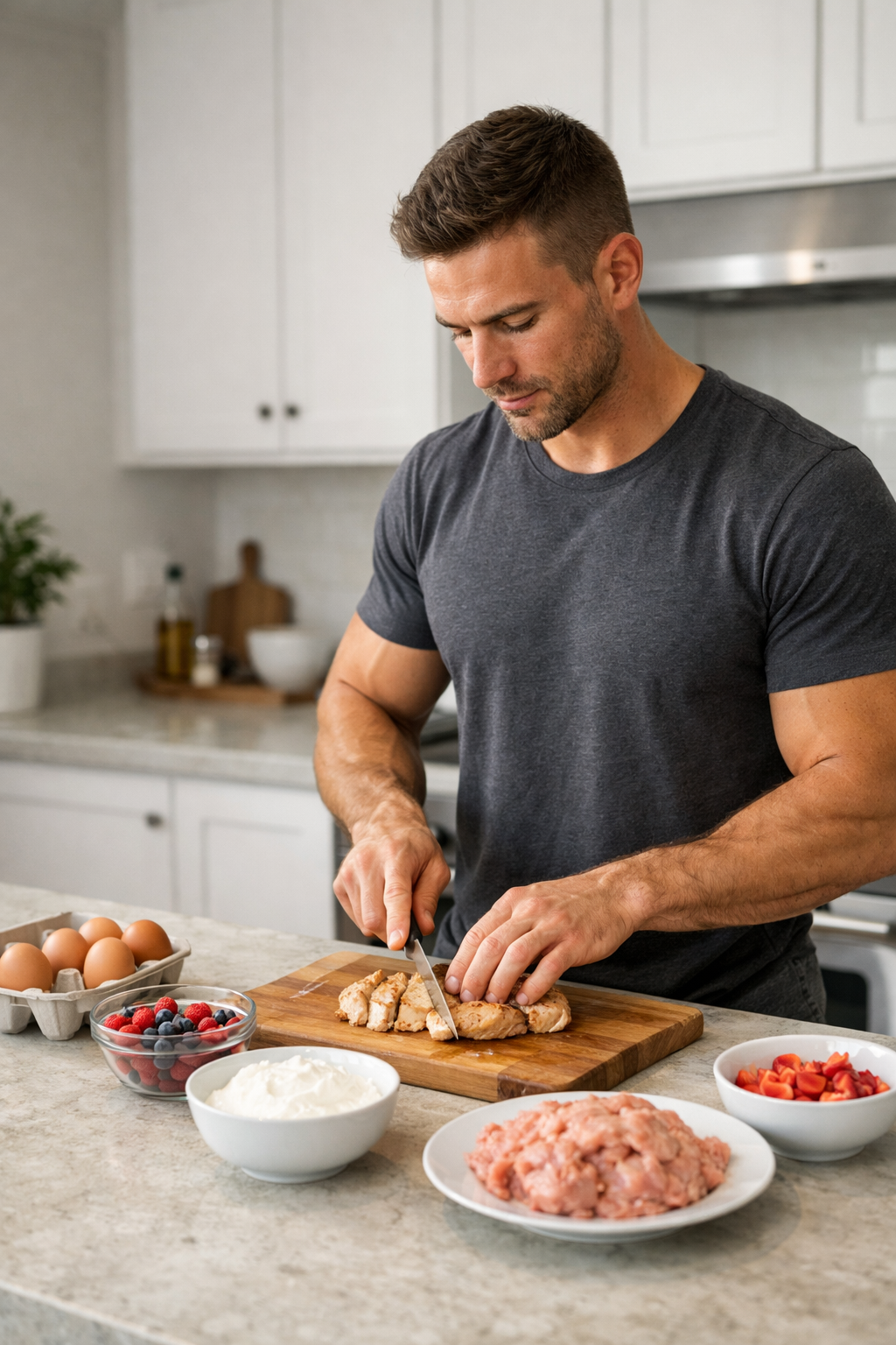 Natural lifter preparing a high-protein meal for muscle growth in a clean kitchen