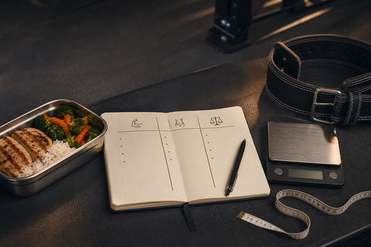 Meal prep, a bulk-or-cut checklist, lifting belt, scale, and measuring tape on a gym bench.