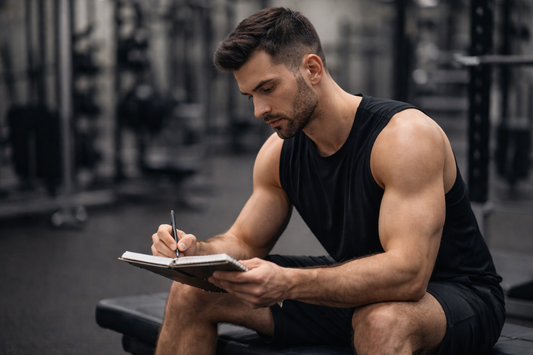 Athlete reviewing workout log to track muscle growth progress