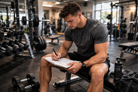 Lifter reviewing a weekly training schedule in a gym during a hypertrophy program