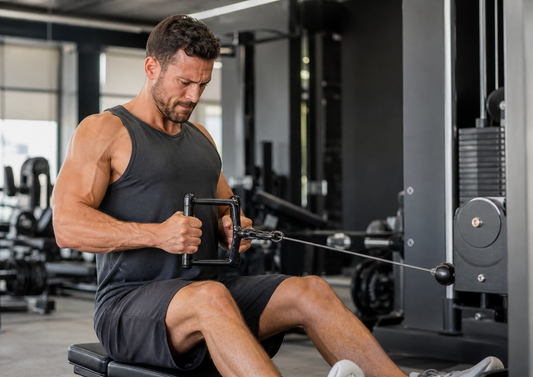 Natural lifter focused between sets in a gym during a muscle-building workout