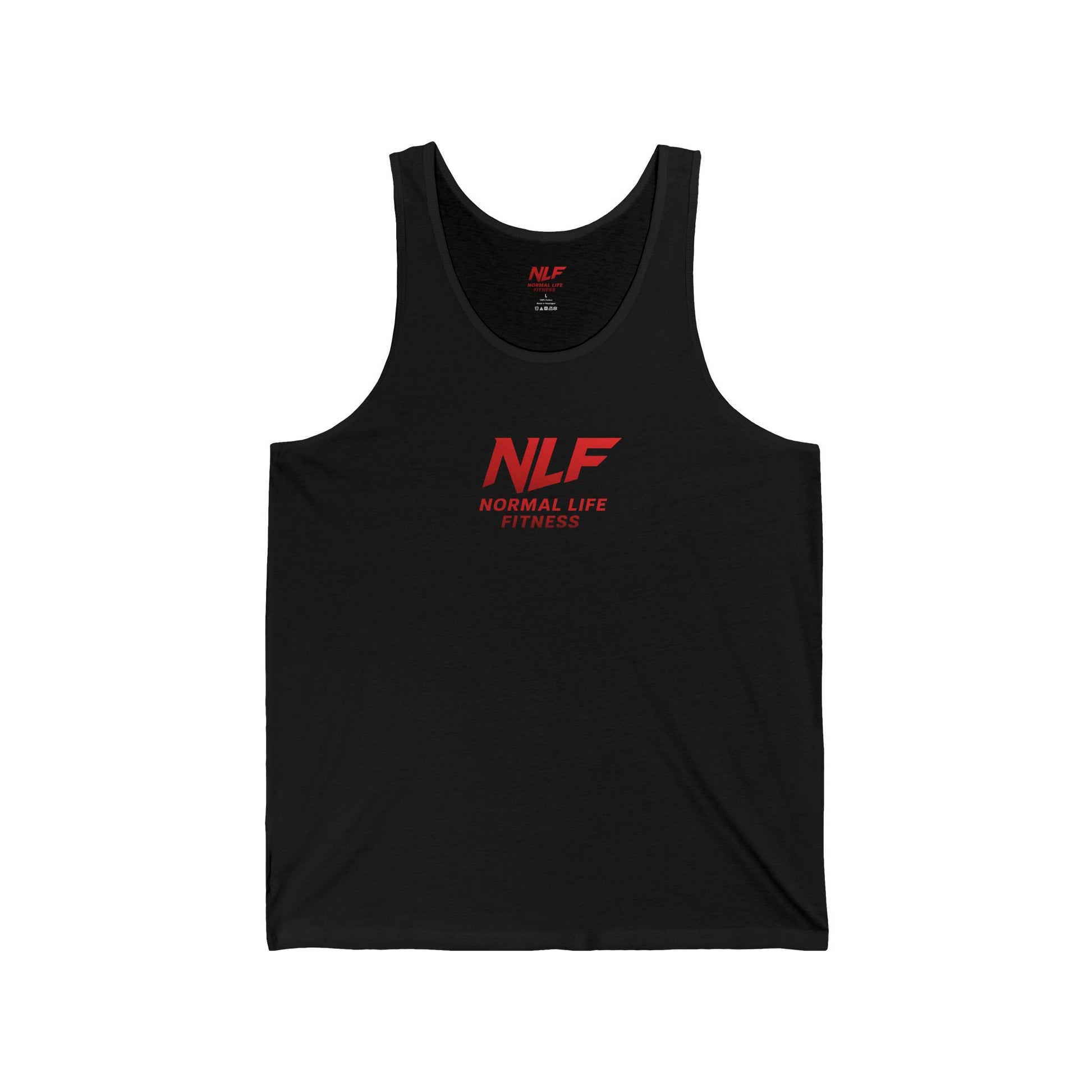 NLF Black Red Logo Training Tank with bold red and black Normal Life Fitness lettering