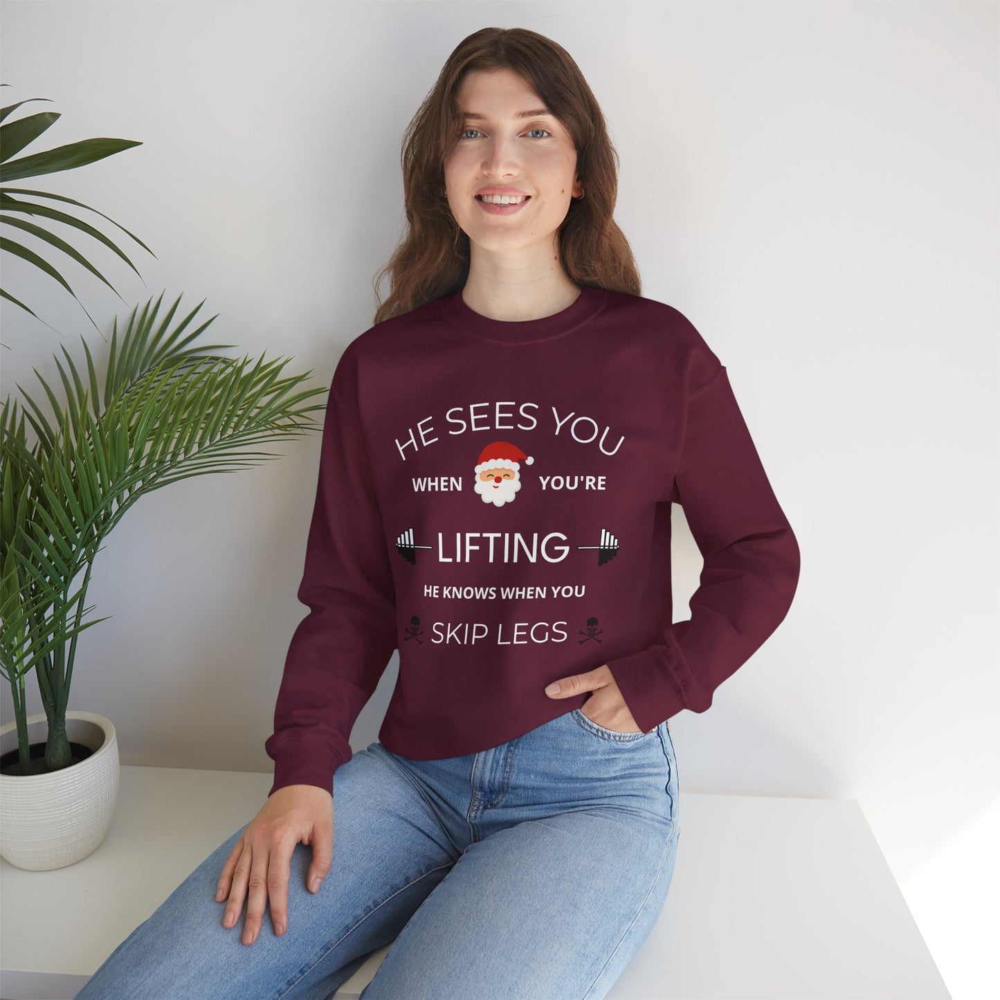 He Sees You When You're Lifting Sweatshirt — Funny Gym Christmas Workout Sweater