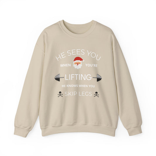 He Sees You When You're Lifting Sweatshirt — Funny Gym Christmas Workout Sweater