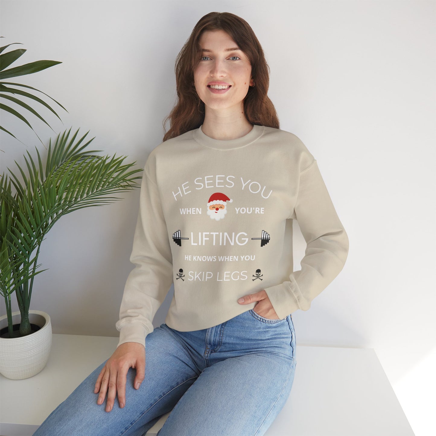 He Sees You When You're Lifting Sweatshirt — Funny Gym Christmas Workout Sweater